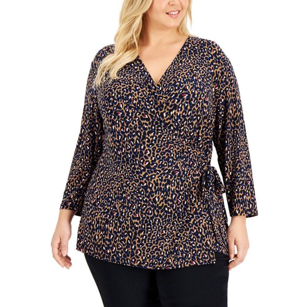 Anne Klein Womens Brown Animal Print Faux Wrap Top Blouse Shirt Plus NWT